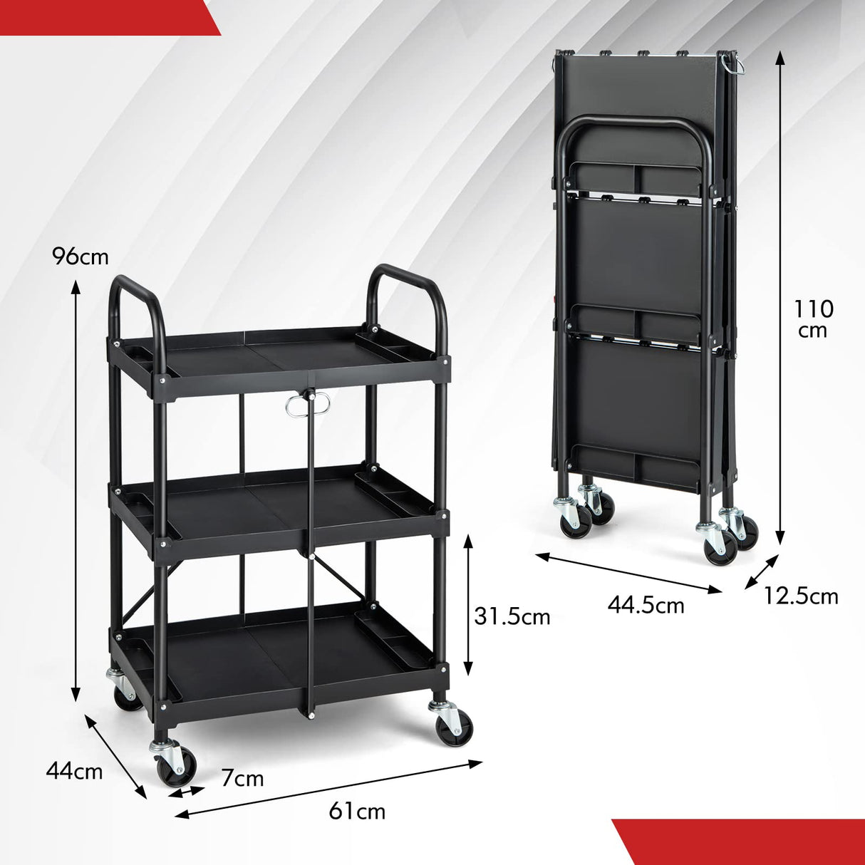 S AFSTAR 3-Tier Folding Tool Cart on Wheels, Rolling Tool Storage Organizer Cart W/Universal Wheels & Handrails, Portable Utility Cart, Collapsible Service Cart for Garage Warehouse Home S AFSTAR