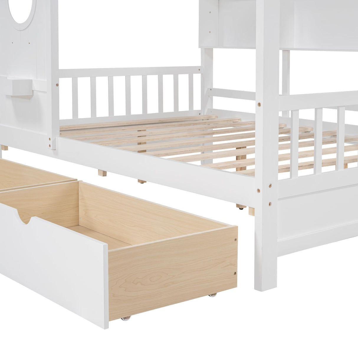 MERITLINE Montessori Full House Bed with Storage Drawers & Bookcase - Solid Wood Playhouse Bed for Kids, Teens, & Adults (White) MERITLINE