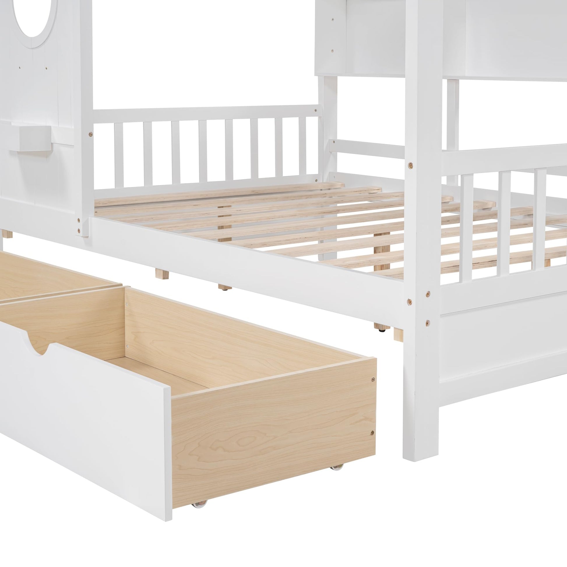 MERITLINE Montessori Full House Bed with Storage Drawers & Bookcase - Solid Wood Playhouse Bed for Kids, Teens, & Adults (White) - WoodArtSupply