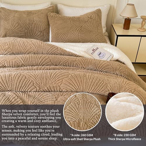 tohrisa Seashell Jacquard Sherpa Comforter Set Warm Cozy Premium Bedding 3 Pieces, King Size Geometric Pattern Quilt Comforter with 2 Pillowcases(104"X90" Beige) tohrisa