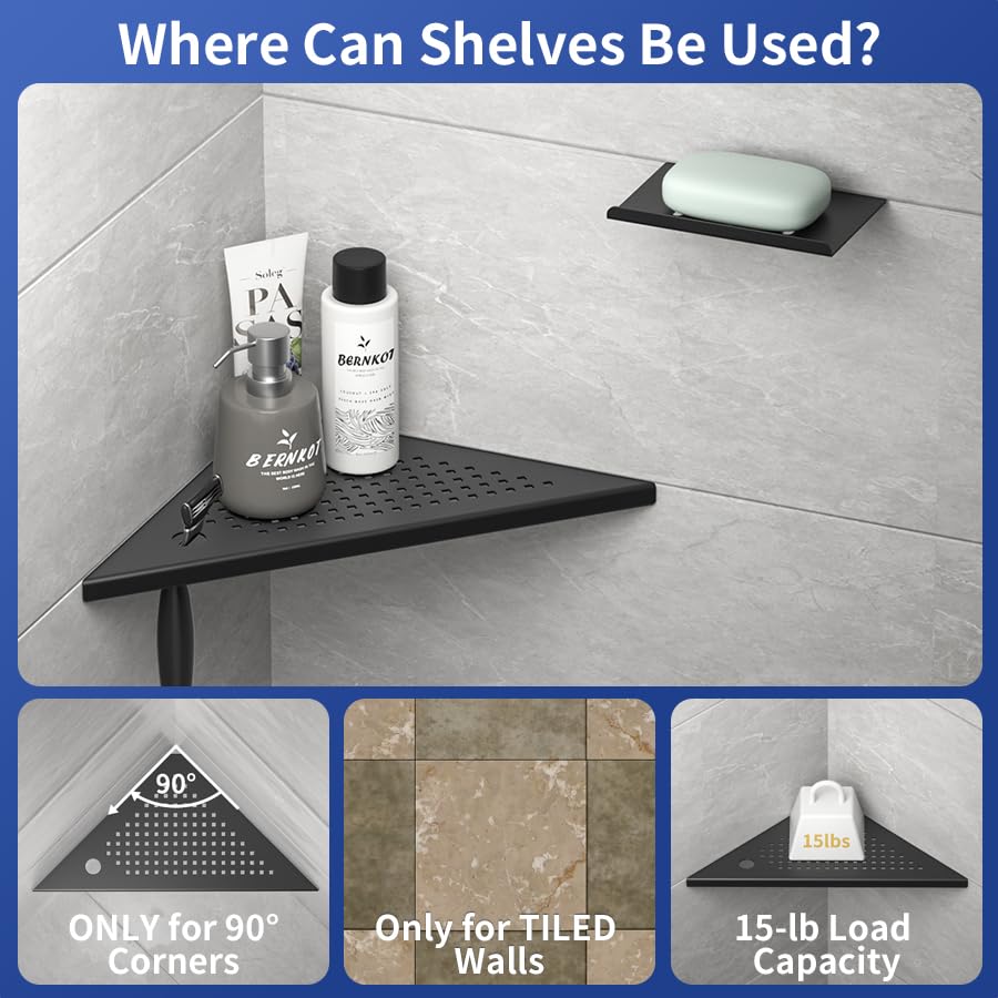 Bernkot 10'' Corner Shower Shelf w/Soap Holder, 304 Stainless Steel Grout in Shelf for Bathroom, Recessed Shelf Rack for Tiled Wall, No Drilling Needed (Black) Bernkot