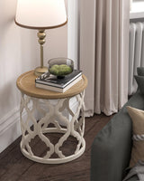 VONLUCE Farmhouse End Table,17.7'' Round French Country Side Table,Distressed Wood Tray Top Rustic Accent Table with Lipped Edge for Living Room Dining Room Bedroom,Small Space,Beige VONLUCE