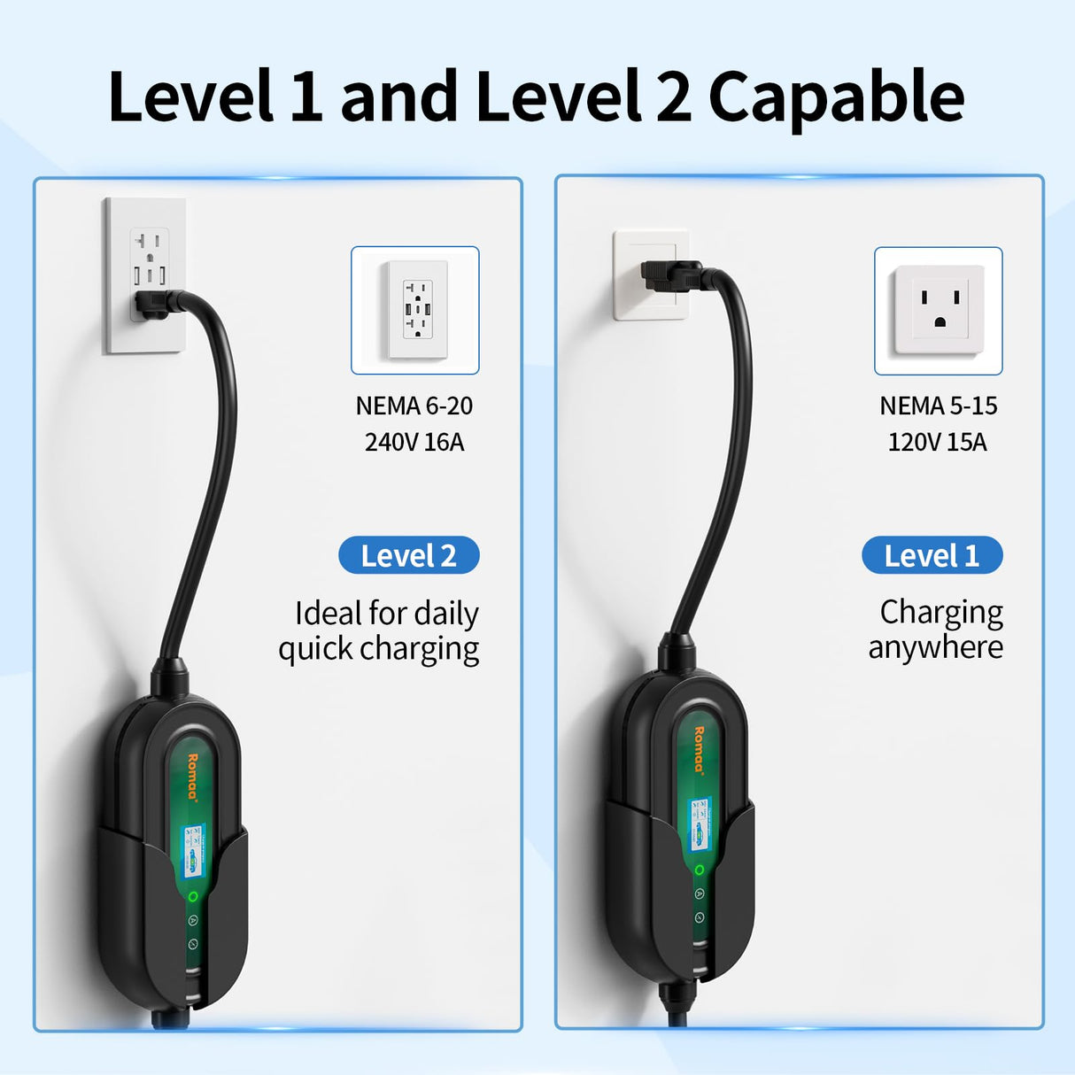 Level 1 EV Charger with APP, 16A 110V-240V NEMA 6-20 & NEMA 5-15 Plug Level 1/2 EV Charger, 25FT Cable J1772 Charger, Portable EV Charger, Electric Vehicle Charging Equipment, ETL FCC Certified Romaa
