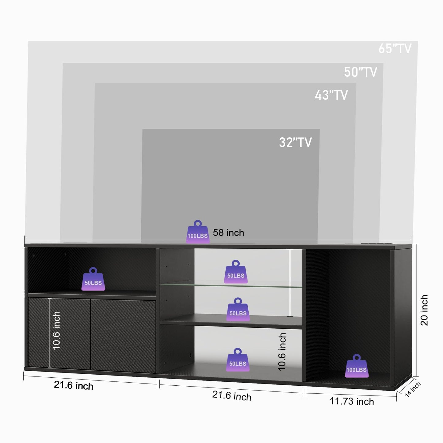 Viplive TV Stand for 55/60/ 65 Inch TV, LED Entertainment Center with PS5 Cabinet, TV Consoles for Living Room with Storage Drawer, Black TV Stand with Power Outlets and LED for Living Room Bedroom