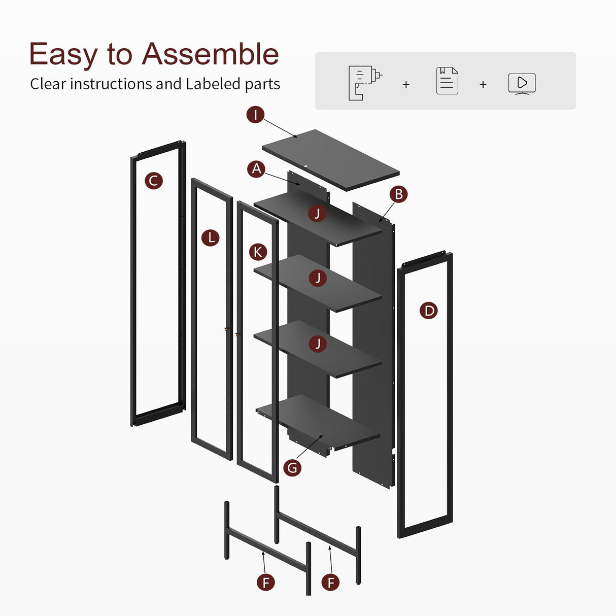 Kubohogar Display Cabinet with Glass Doors, 66" Curio Cabinet with 3 Color Lights, 4 Tier Display Case for Collectibles, Black Metal Cabinets for Living Room Office Kubohogar