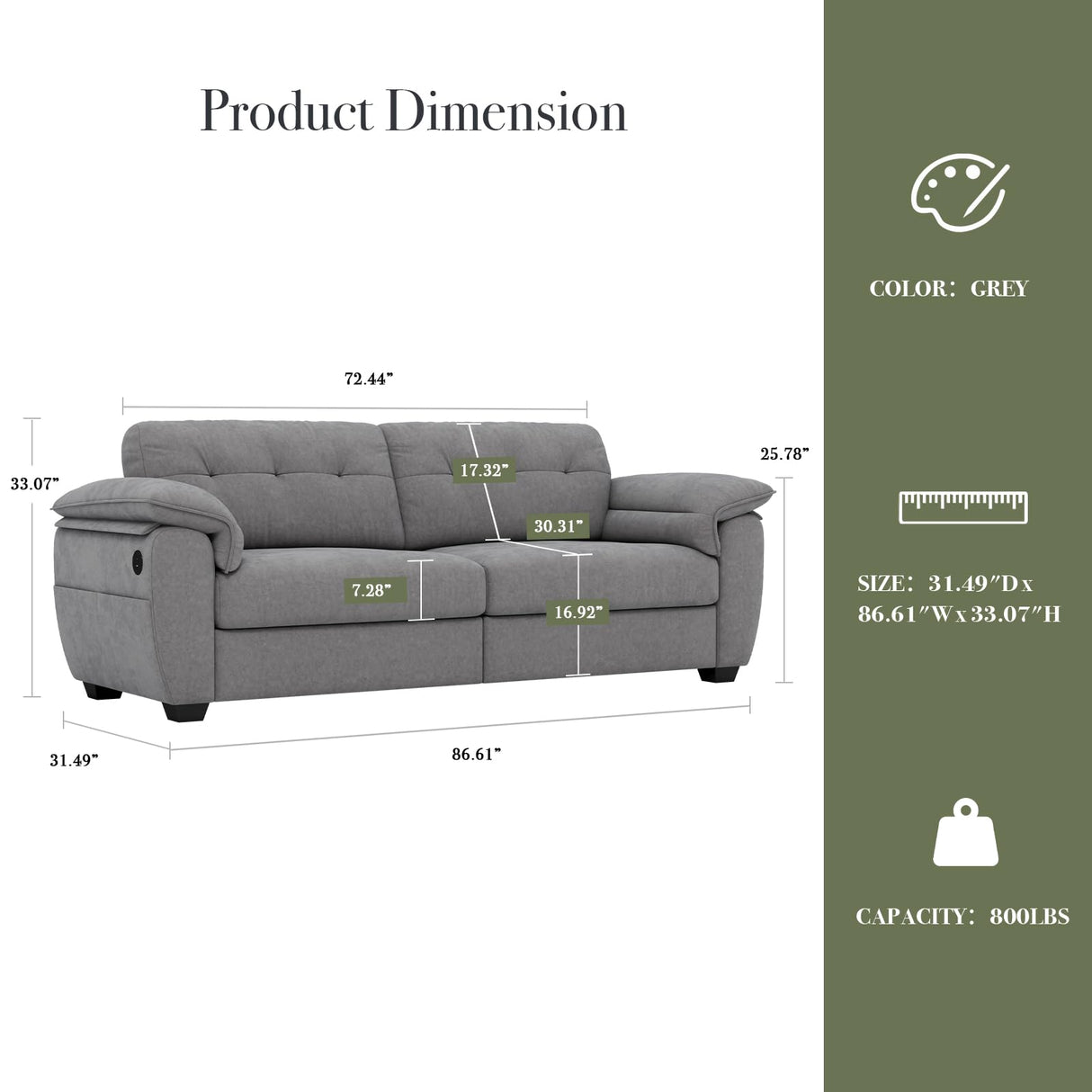 CHYMSUN 87" Modern Sofa, Comfy Sofa Couch w/Extra Deep Seats, 2/3 Seater Couches w/USB Charging Ports & Side Pockets, Sleeper Sofas for Living Room, Apartment, Office (Grey Chenille) CHYMSUN