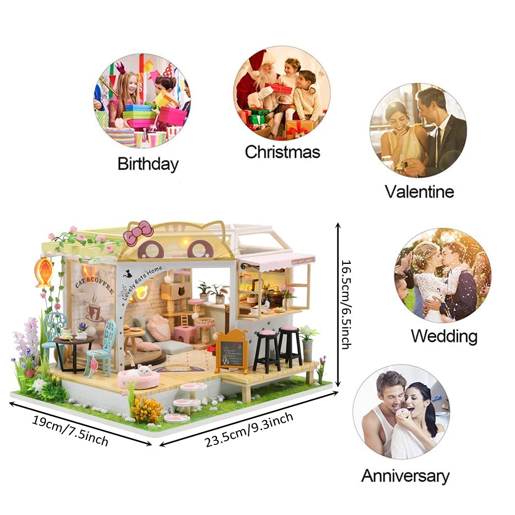 SYW DIY LED Lights Miniature Dollhouse Kit Cat Coffee Doll House Model Wooden Furniture for Christmas 's Day Creative Gifts with Dust Cover and Music （Cat Coffee Shop ） SYW