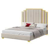 YUMPIE Queen Size Platform Bed Frame with 61" Extra Tall Headboard, Velvet Upholstered Bed with Golden Plating Trim, Wooden Slats/No Box Spring Needed/Noisy Free/Cream YUMPIE