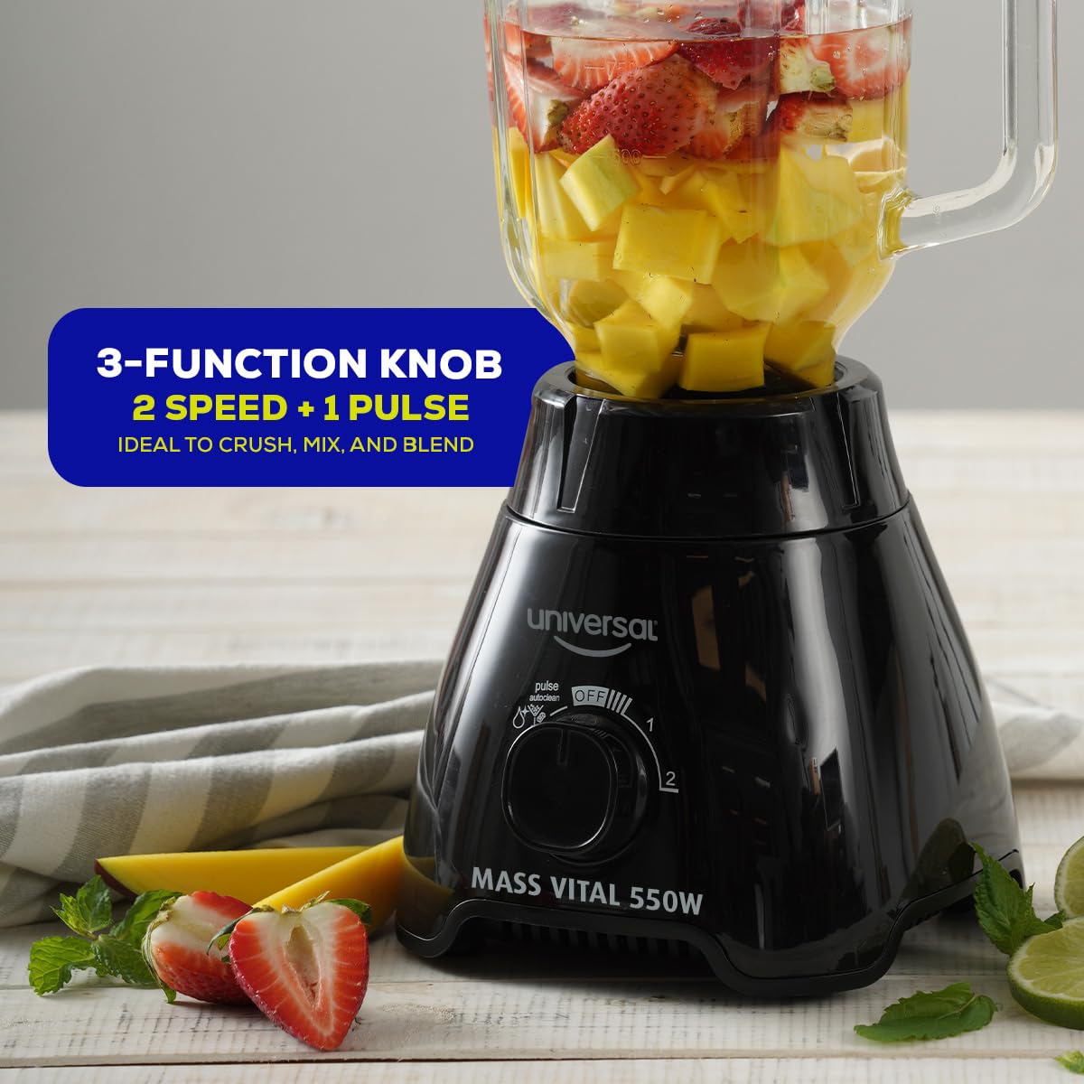 Universal 550W Mass Vital Blender with Glass Jar 57 Oz / 1.7 Liter / 1.8 Quart, 2 Speed + Pulse Function and 4 Stainless Steel Blade with Chrome Steel Technology universal