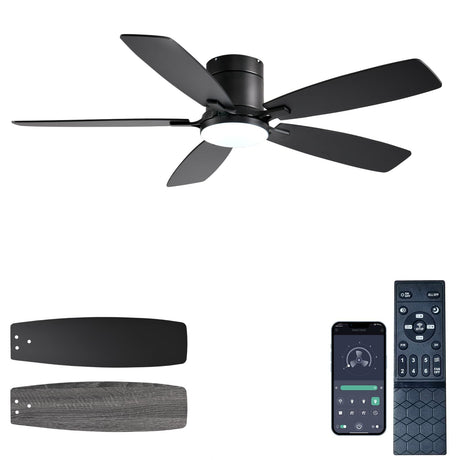 Ayaoty Ceiling Fans with Lights, 52 inch Low Profile Ceiling Fan with Light and Remote Control, Flush Mount, Reversible Motor, Dimmable, Noiseless, Black Ceiling Fan for Bedroom, Indoor/Outdoor Use Ayaoty