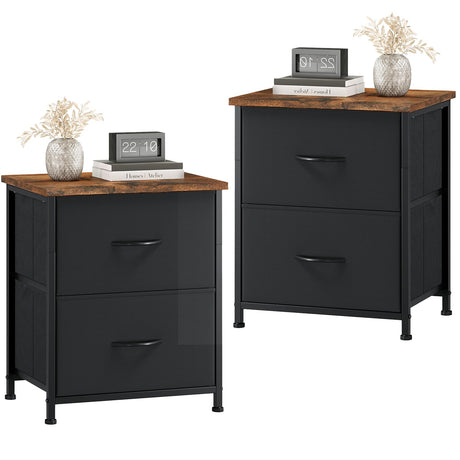 Somdot Black Nightstand Set of 2, Small Dresser for Bedroom with 2 Drawers, Bedside Table Night Stand End Table with Fabric Bins for Bedroom Kids Closet Dorm Guest Room, Black Rustic Brown Somdot