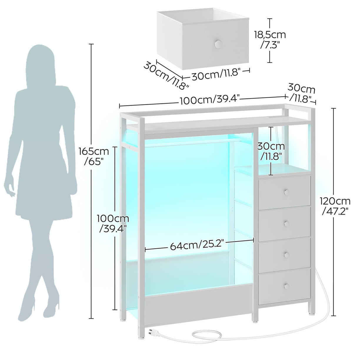 YATINEY Bedroom Dresser with Clothes Rack, 4 Drawer Dresser with Charging Station and LED Light, Chest of Drawers for Bedroom, Closet Organizer with Hanging Rack and 2-Tier Shoe Rack, White YATINEY