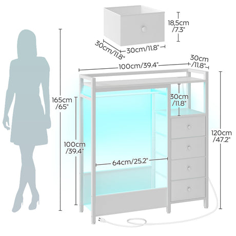 YATINEY Bedroom Dresser with Clothes Rack, 4 Drawer Dresser with Charging Station and LED Light, Chest of Drawers for Bedroom, Closet Organizer with Hanging Rack and 2-Tier Shoe Rack, White YATINEY