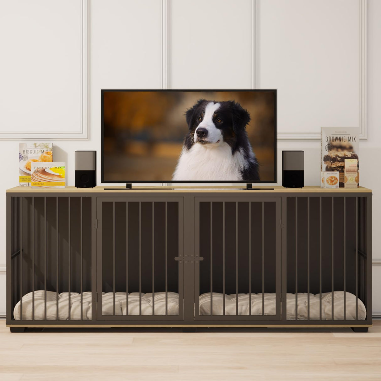 EBE Dog Crate Furniture, 71.6'' Metal Steel Frame Double Dog Kennel with 2 Rooms and Removable Divider, Heavy Duty Dog Crate Table Indoor TV Stand for Small Medium Large Dogs Black EBE