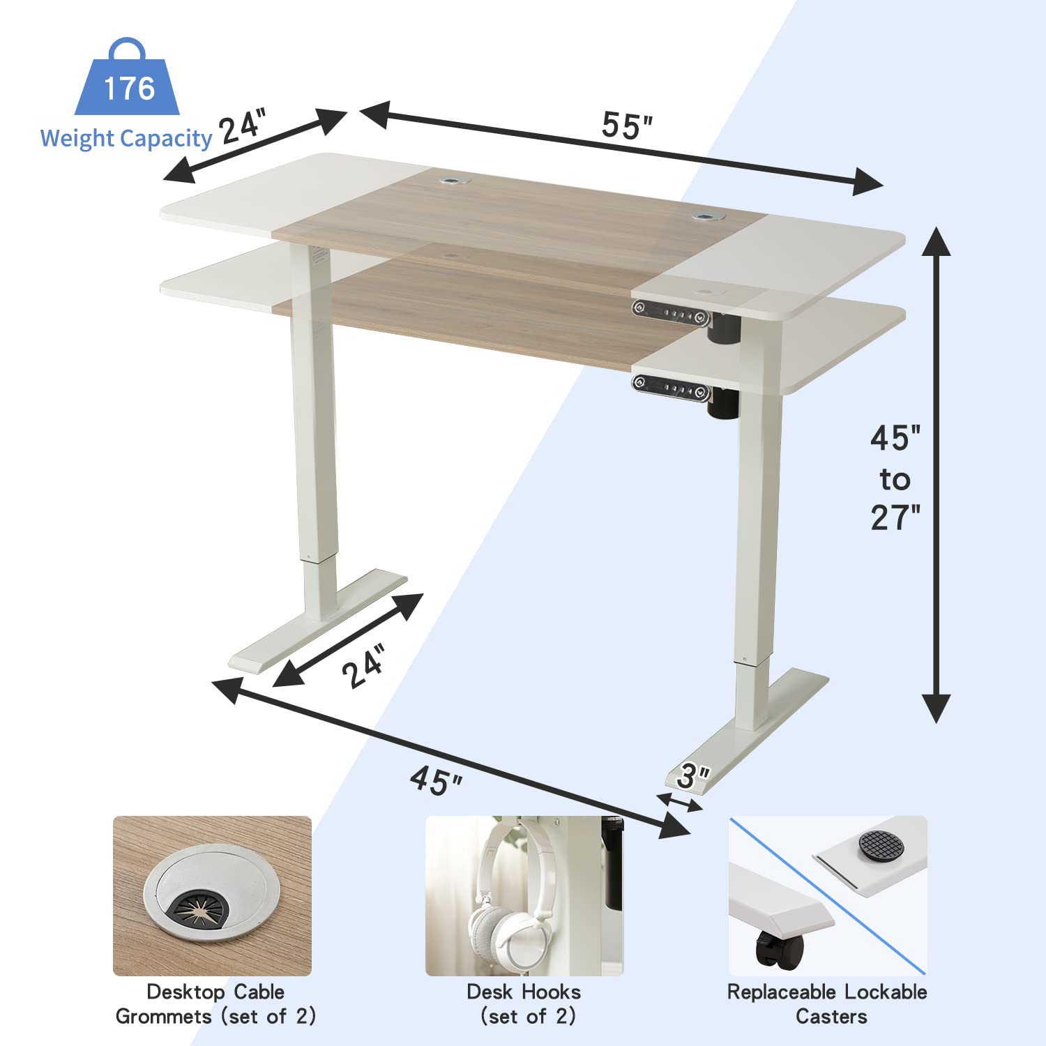 BUNOEM Height Adjustable Electric Standing Desk, 55X24 Height Stand Up Computer Desk,Sit and Stand Home Office Desk with Splice Board (White+Oak Top, White Frame) - WoodArtSupply