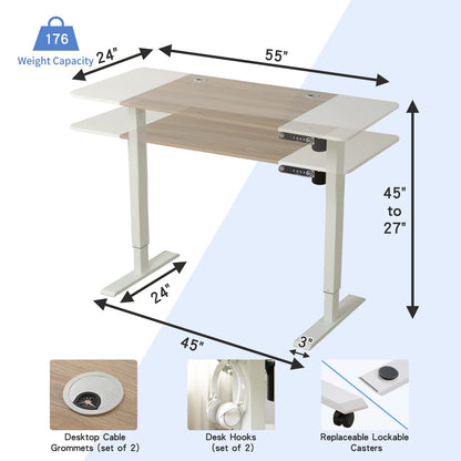 BUNOEM Height Adjustable Electric Standing Desk, 55X24 Height Stand Up Computer Desk,Sit and Stand Home Office Desk with Splice Board (White+Oak Top, White Frame) - WoodArtSupply