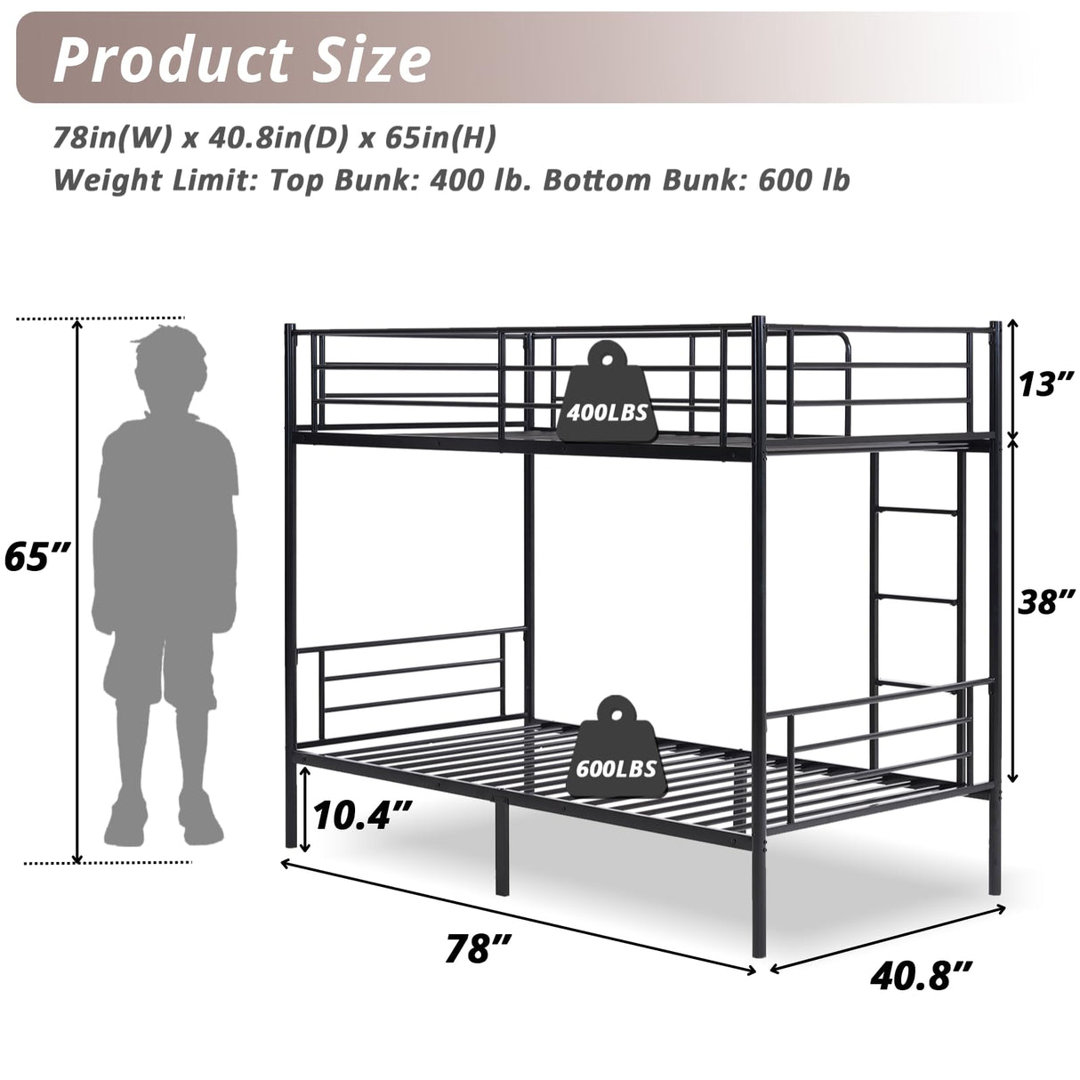 Karl home Black Bunk Bed Twin Over Twin, Metal Bunk Bed with Built-in Ladder and Safety Guardrail, Space-Saving Twin Bunk Beds for Kids, Teens & Adults, No Box Spring Karl home