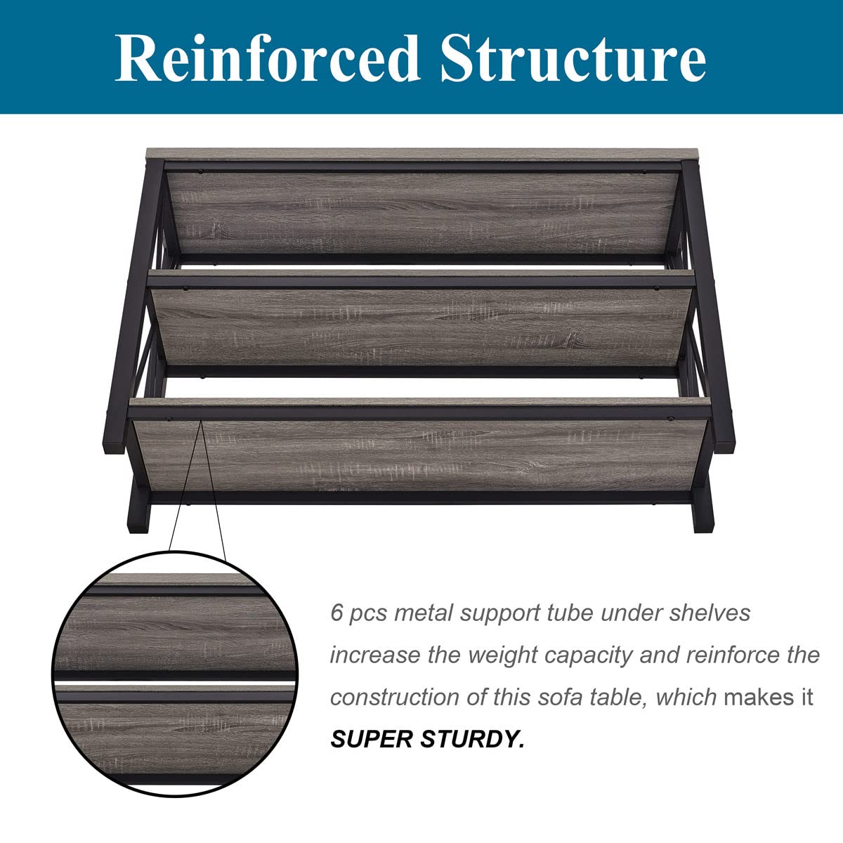 BON AUGURE Rustic Sofa Table Behind Couch, Industrial Console Tables for Entryway, 3 Tier Wood Shelves Entry Table with Storage for Foyer, Hallway, Front Door (47 Inch, Dark Grey Oak) BON AUGURE