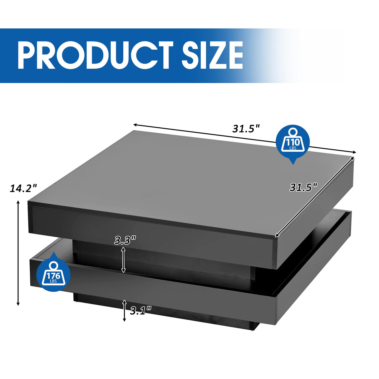 LED Coffee Table for Living Room, 2-Tier Modern Middle Center Table, Coffee Table with 16-Color Plug-in LED Light, Cocktail Tea Table for Home Office Reception Room, Black realglow