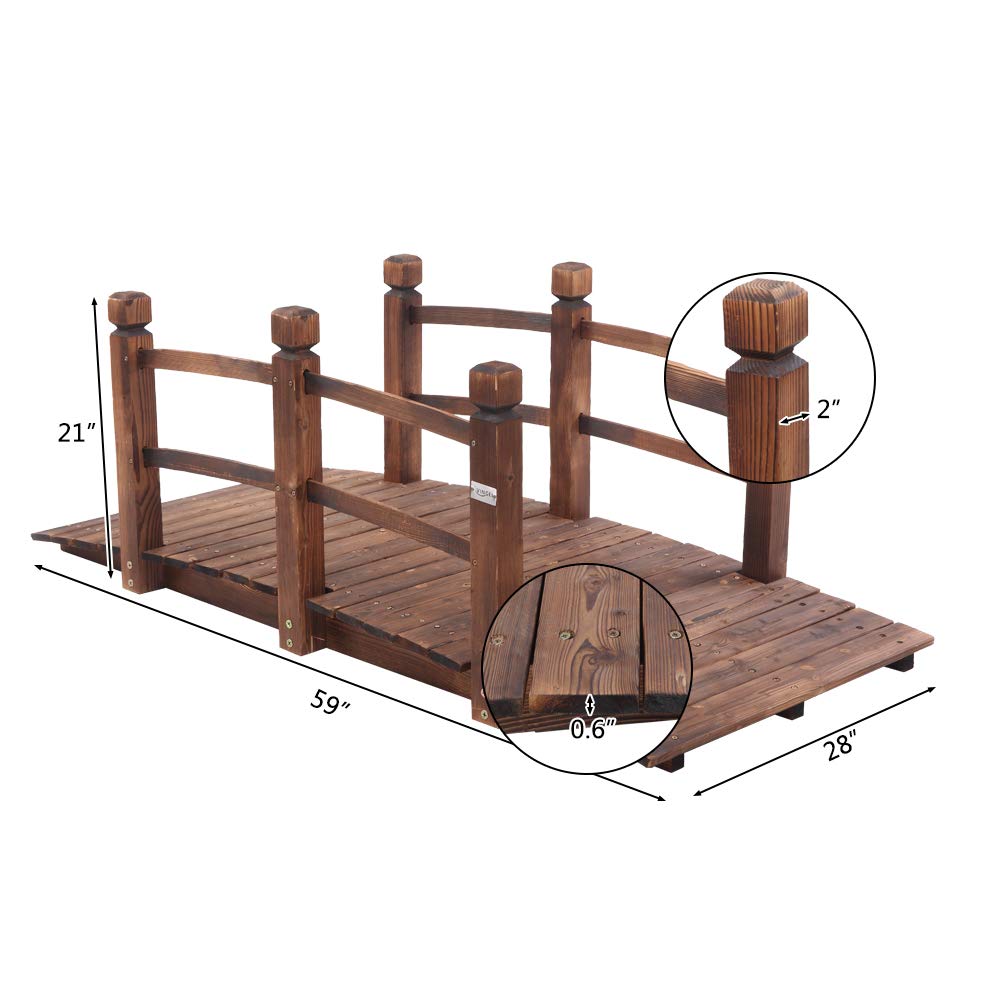 VINGLI 5 ft Garden Bridge, Classic Wooden Arch with Safety Rails Stained Finished Footbridge, Decorative Pond Landscaping, Backyard, Creek or Farm VINGLI