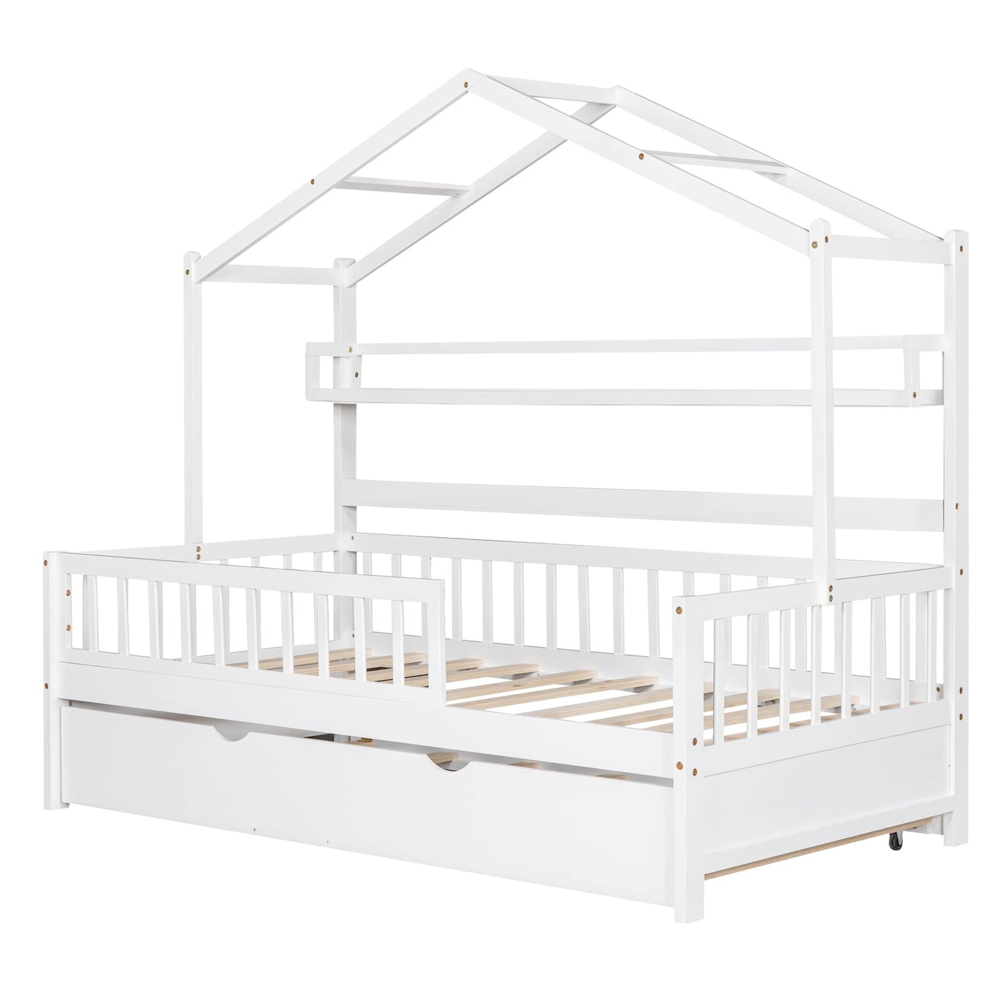 Bellemave Twin Size House Bed with Trundle and Storage Shelves for Kids - White Montessori Playhouse Frame - WoodArtSupply