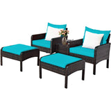 Tangkula Wicker Furniture Set 5 Pieces PE Wicker Rattan Outdoor All Weather Cushioned Sofas and Ottoman Set Lawn Pool Balcony Conversation Set Chat Set (Turquoise) Tangkula