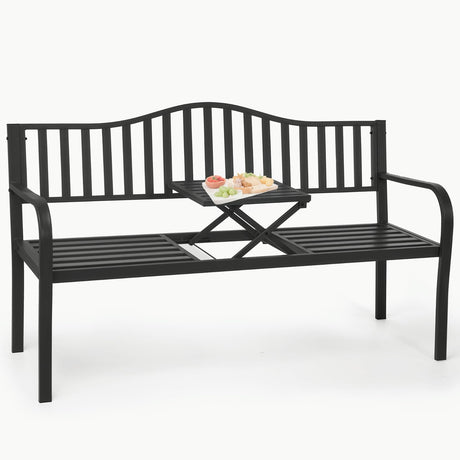 BODIOO Outdoor Metal Garden Bench 59" Patio Bench with Built in Table Park Bench, Outside Bench Weather Proof Front Porch Bench, 500lbs BODIOO