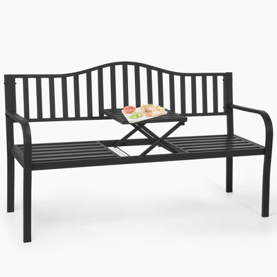 BODIOO Outdoor Metal Garden Bench 59" Patio Bench with Built in Table Park Bench, Outside Bench Weather Proof Front Porch Bench, 500lbs