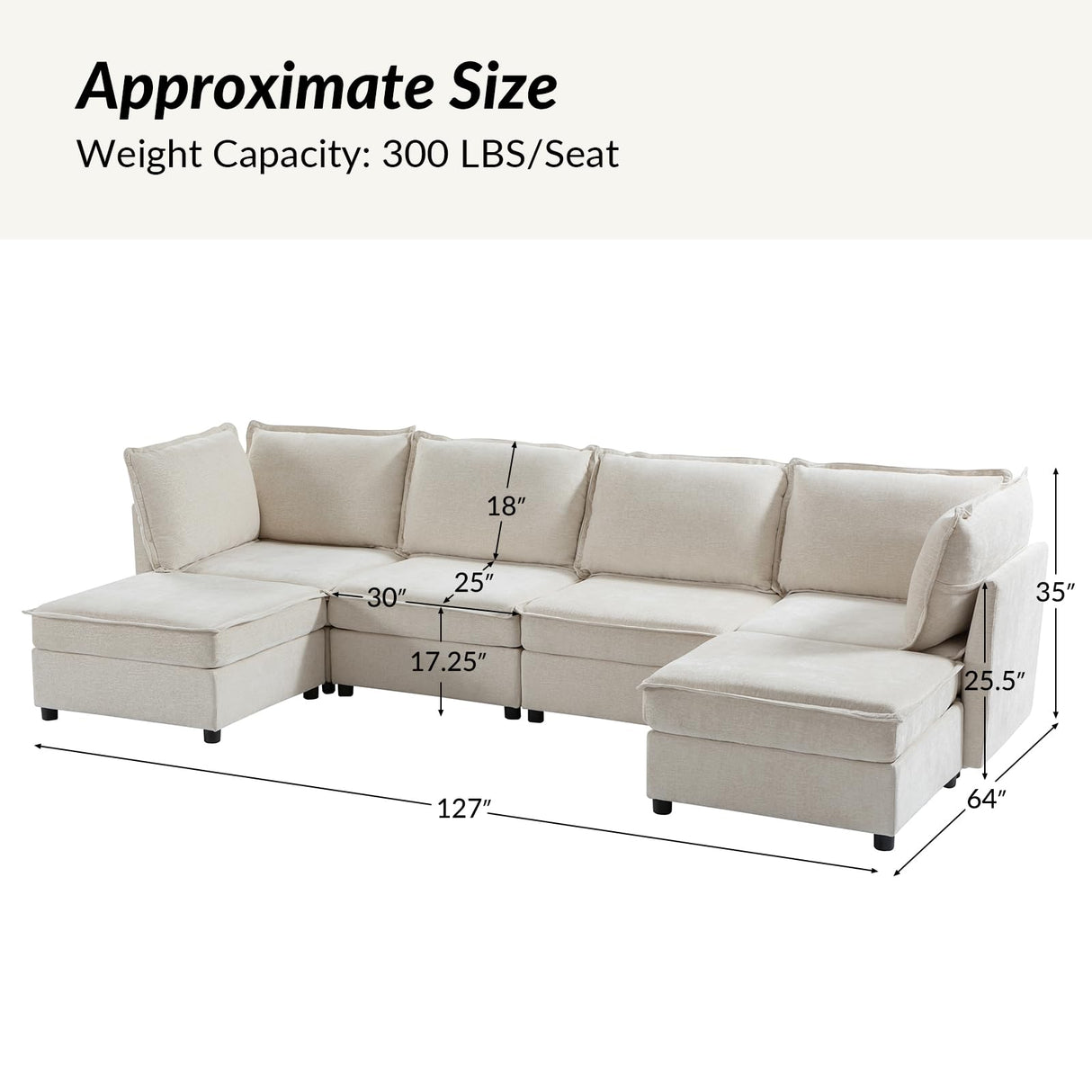 HULALA HOME 127'' Modular Sectional Sofa, Oversized U Shaped Couch with Storage Ottoman, Extra Deep Seat, Modern Comfy Chenille Sofa with Chaise, 6 Seat Convertible Couches for Living Room, Biege HULALA HOME