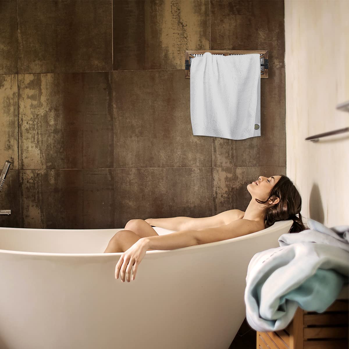 Rustic Bathroom Towel Rack, Butizone Wall Mounted Towel Bar Holder with Weathered Wood and Corrugated Galvanized Metal, Farmhouse Rack for Hanging Towel (Towels are not Included) Butizone