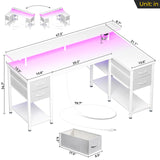 Seventable Gaming Desk with Drawers, 47.2 Inch L Shaped Desk with Storage Shelves, Small Office Desk with LED Lights & Power Outlets, White Corner Computer Desk with Monitor Stand for Bedroom Seventable