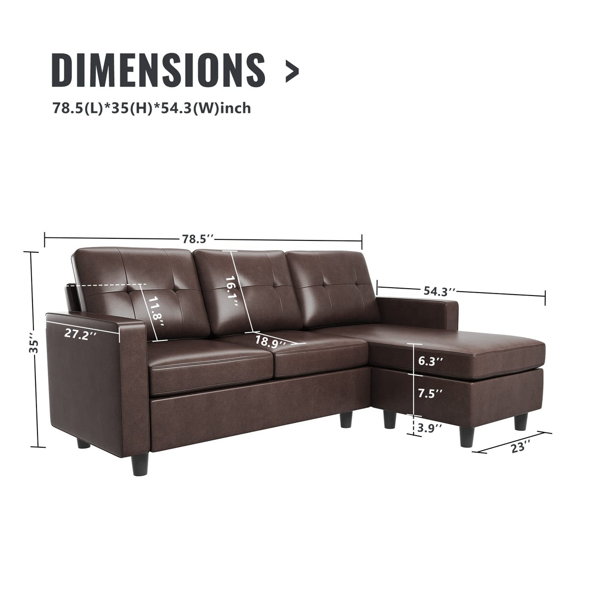 HONBAY Faux Leather Sectional Sofa, Convertible Sectional Couch L Shaped Couch Sofa for Small Space, Brown HONBAY