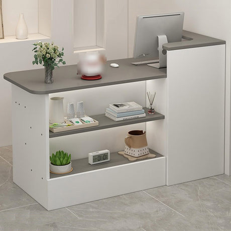 L-Shaped Reception Desk - Wooden Front Counter with Open Shelves & Drawers - Modern Retail Checkout Counter for Convenience Store, Hotel, Beauty Salon WoodArtSupply