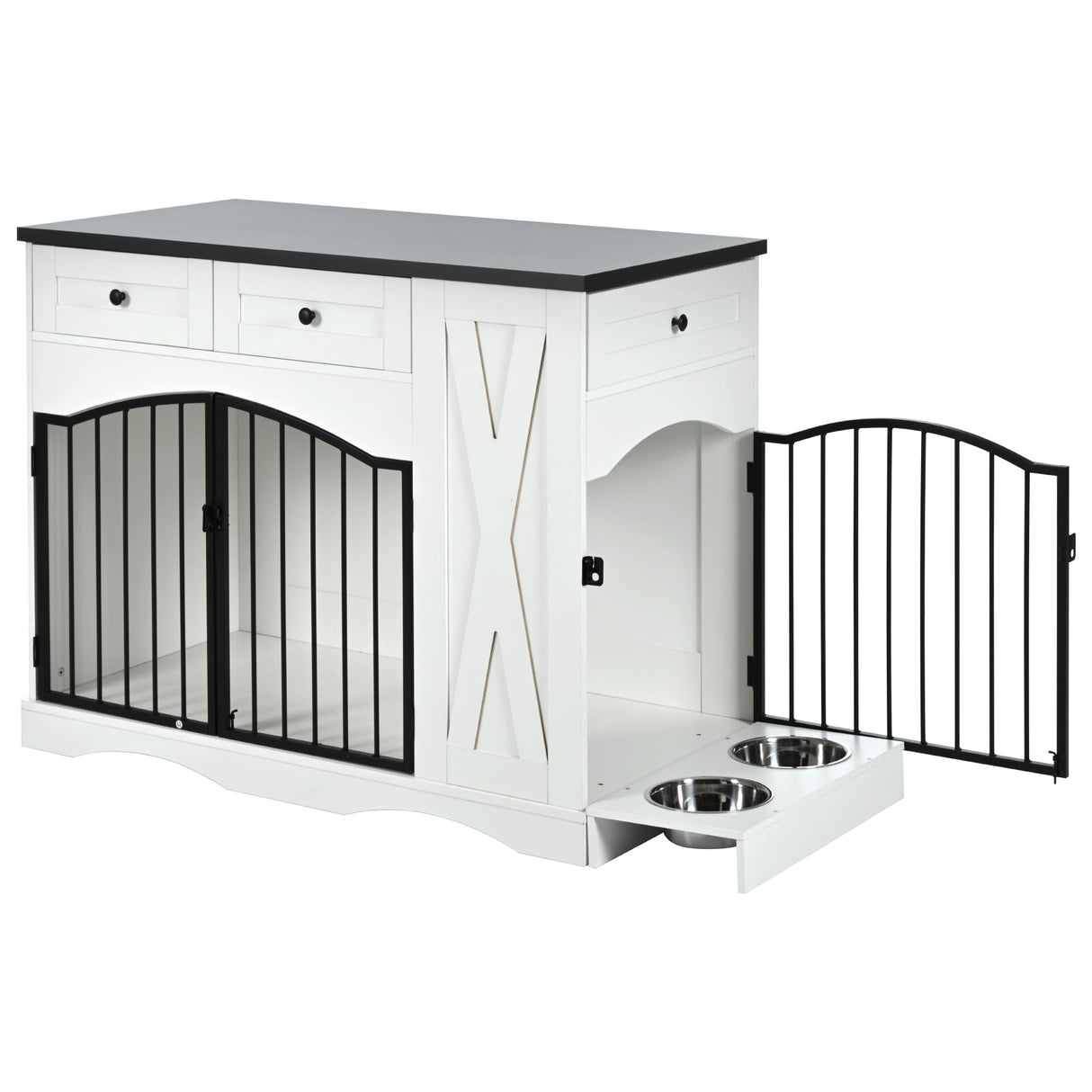 43.3" Farmhouse Dog Crate Furniture - Heavy Duty Indoor Wooden Kennel with 3 Drawers, Removable Feeder & End Table Design for Medium/Large Dogs (Black&White) MoBtovs