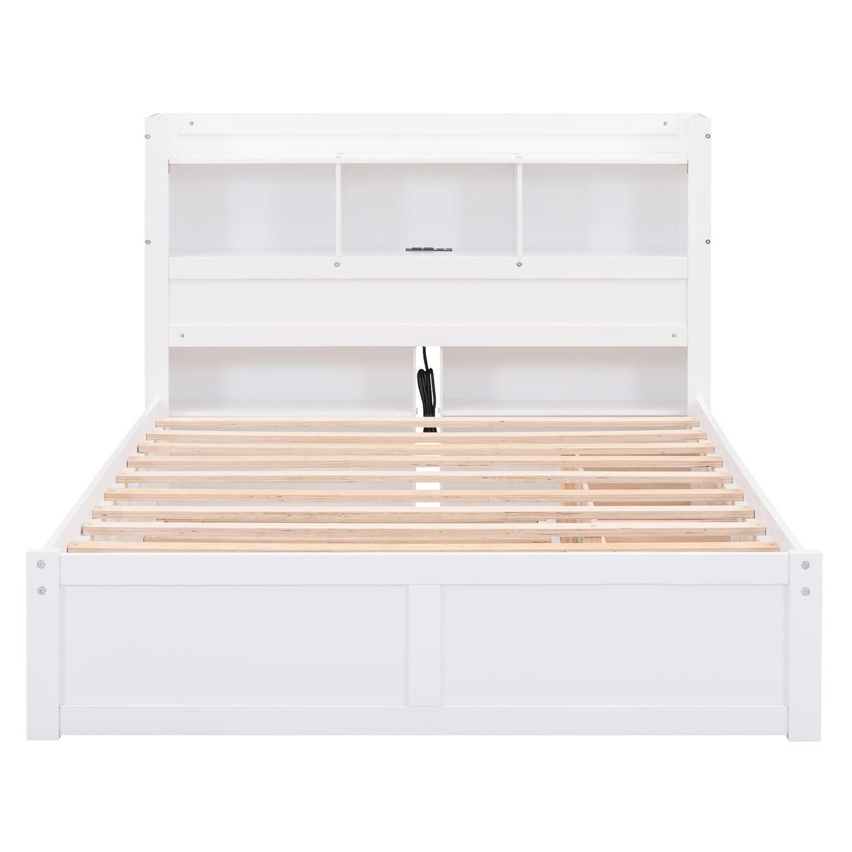Full Size Storage Bed with Bookcase Headboard and Trundle, Wood Platform Bed Frame with Charging Station, Pull Out Shelves and Drawers for Kids Teens Adults, No Box Spring Needed,White Harper & Bright Designs