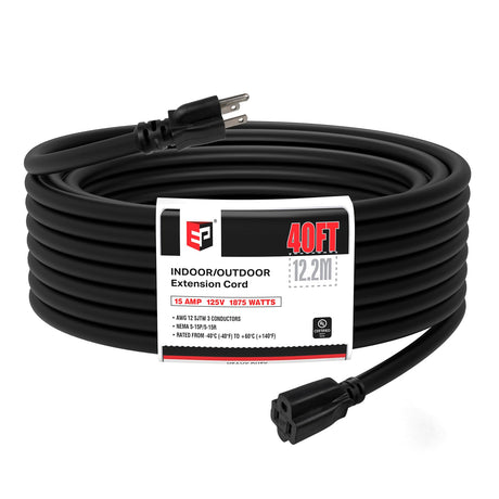 EP 40 Ft Outdoor Extension Cord - 12/3 SJTW Heavy Duty Black Extension Cable with 3 Prong Grounded Plug - Power Cord for Lawn, Garden, Appliances EP