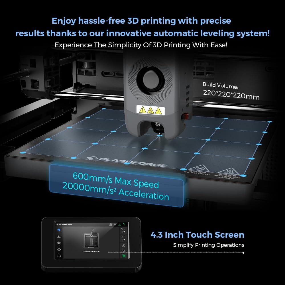 FLASHFORGE Adventurer 5M 3D Printer, 600mm/s Max High-Speed 3D Printers with Auto Leveling, Core XY Structure, Vibration Compensation and Out-of-The-Box, Large Printing Size 220 * 220 * 220mm - WoodArtSupply