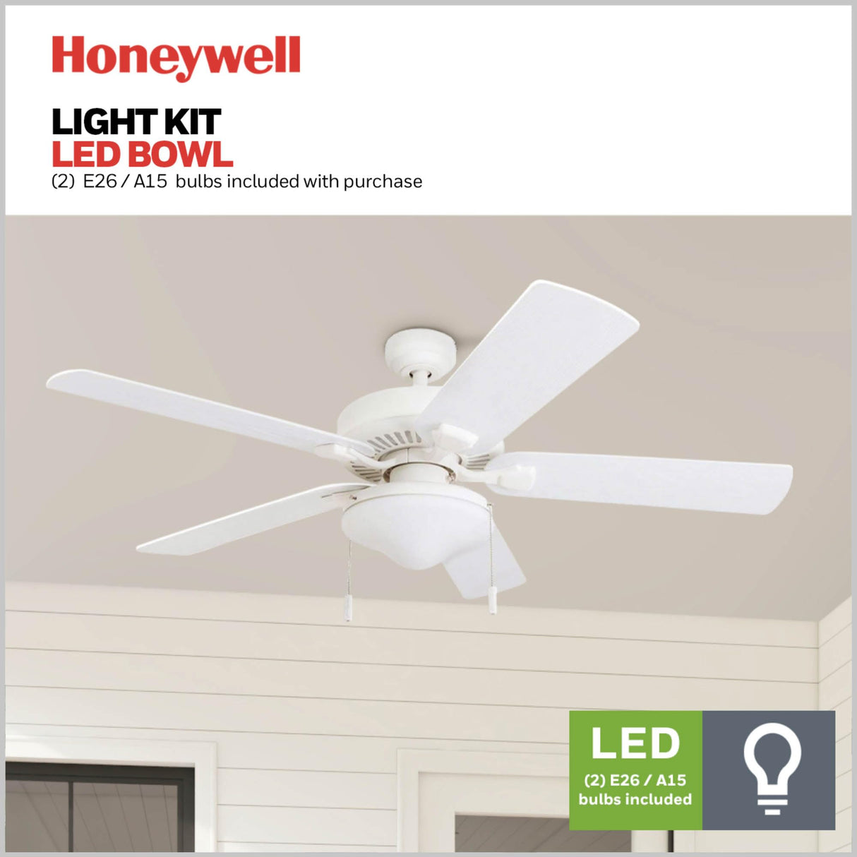 Honeywell Ceiling Fans Belmar 52 Inch Ceiling Fan Without Light, Outdoor Ceiling Fan with Pull Chain, Tri-Mount Traditional 5 Blade Design, ETL Wet Rated, White (50198-01) Honeywell Ceiling Fans