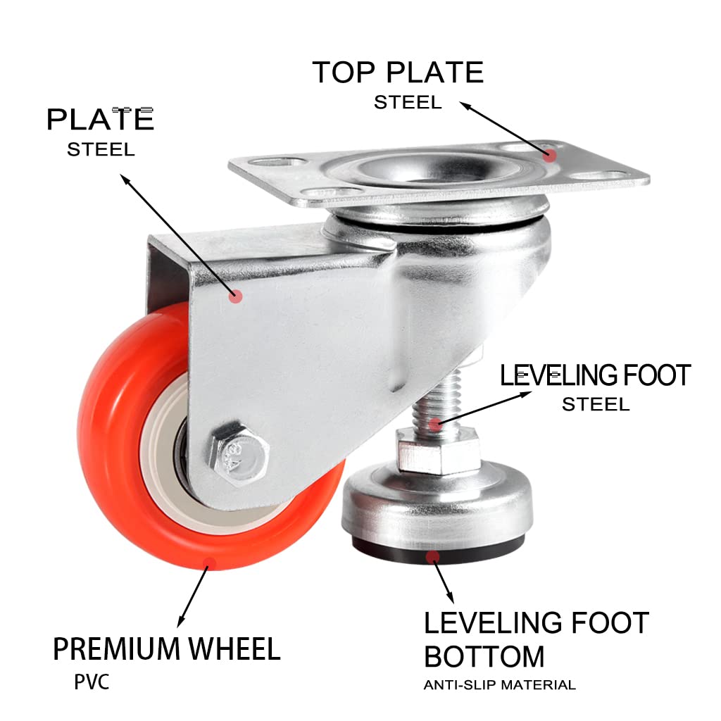 Skelang 4 Pcs 2" Adjustable Leveling Caster, Leveling Feet Wheels, Swivel Plate Casters Wheels, Installing for Industry Equipment, Dollies, Skelang