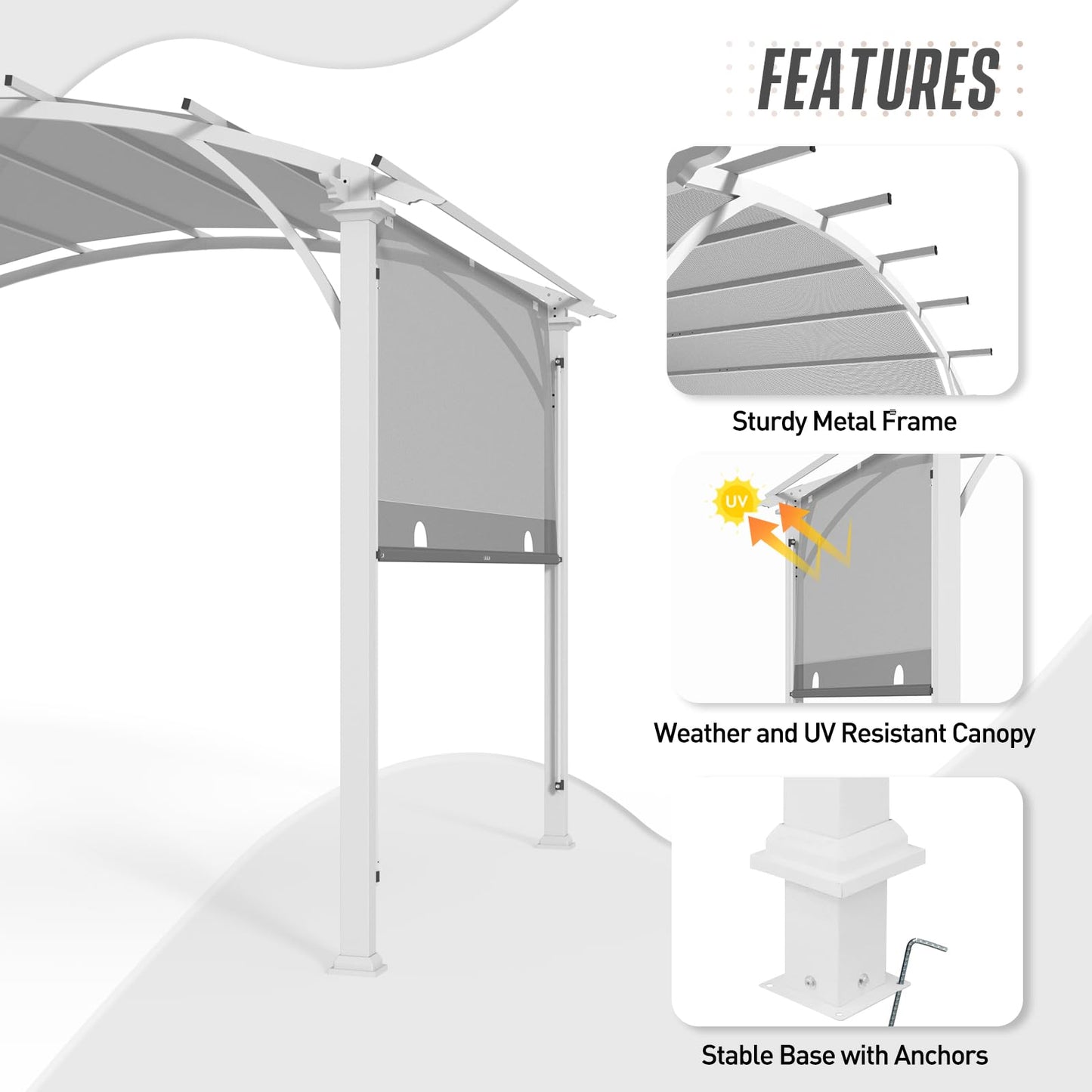 EAGLE PEAK 11.4x11.4 Outdoor Pergola with Retractable Textilene Sun Shade Top, Wood Looking Steel Frame Arch Patio Pergola, Gry