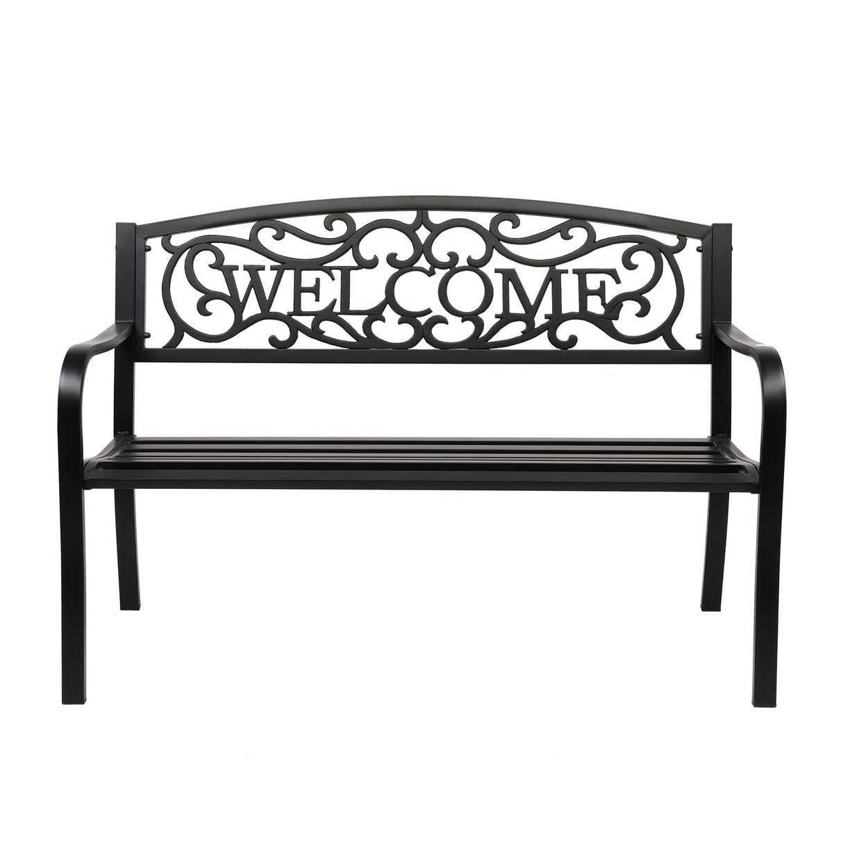 VINGLI Outdoor Bench with PVC Back Pattern, Metal Garden Bench Black Steel Welcome Bench for Patio, Porch, Deck, Yard, Lawn Decor Entryway VINGLI