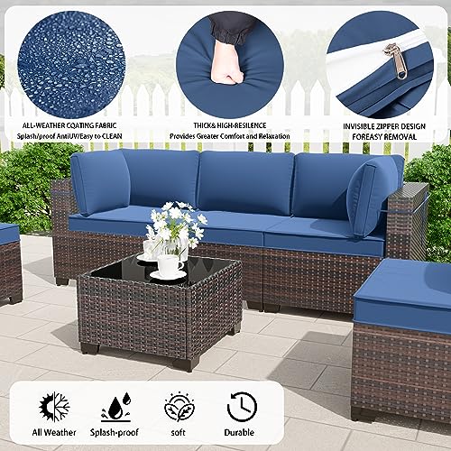 RTDTD Outdoor Patio Furniture Set, 14 Pieces Outdoor Furniture All Weather Patio Sectional Sofa PE Wicker Modular Conversation Sets with Coffee Table,12 Chairs & Seat Clips(Dark Blue) - WoodArtSupply