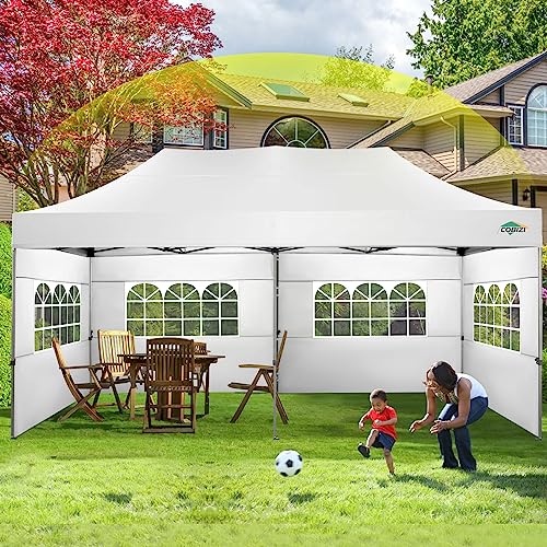 COBIZI 10x20 Canopy with Sidewalls, Heavy duty Party Tent Pop up carpas para fiestas, Tents for Parties, wedding, Outdoor Ez up Foldable Portable Canopy Tent with Wheeled Bag, White(Windproof Upgrade) COBIZI