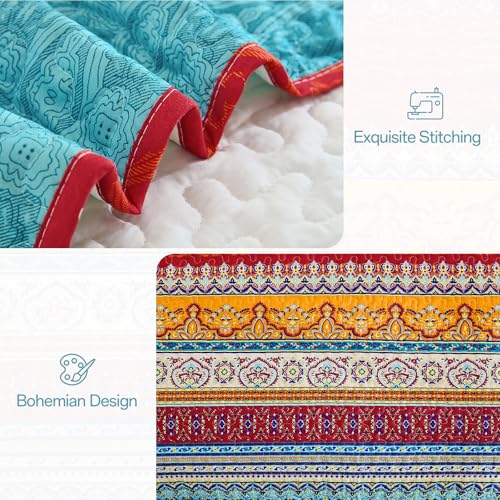 WONGS BEDDING Bohemian Quilt Set King Size, Boho Striped Printed Bedding Bedspread Coverlet Set for All Season, Lightweight Microfiber Quilts with 2 Pillowcases 104"x90" (3 Pieces, Colorful) WONGS BEDDING