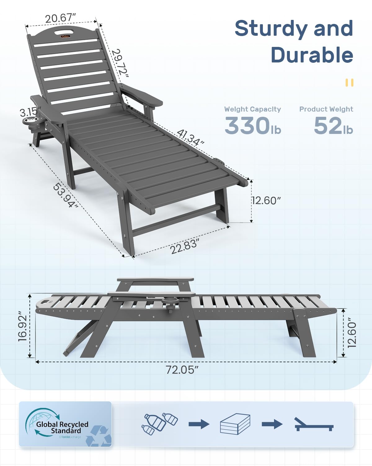 Chaise Lounge for Outdoor, Patio Lounge Chairs for Outside, Chaise Lounge Chair with 6 Positions, HDPE Lounge Chair with Cup Holder for Pool Poolside Deck Backyard Lawn, Grey