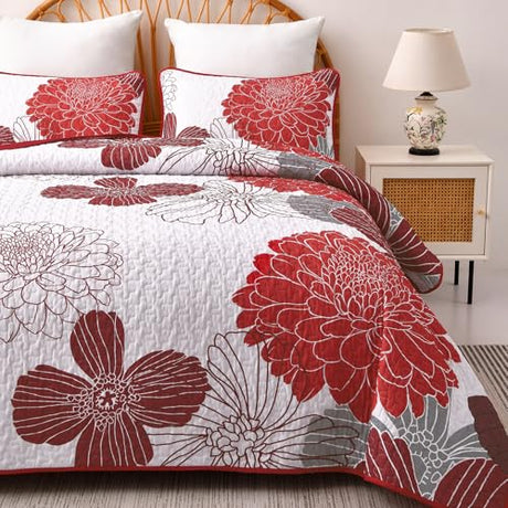 King Quilt Sets Red Floral Pattern Quilt Bedding Set, 3 Pieces Botanical Quilt Soft Microfiber Bedspread Coverlet Set, Boho Bed Cover Bedding Set for All Season(104" x 90) Anibedding