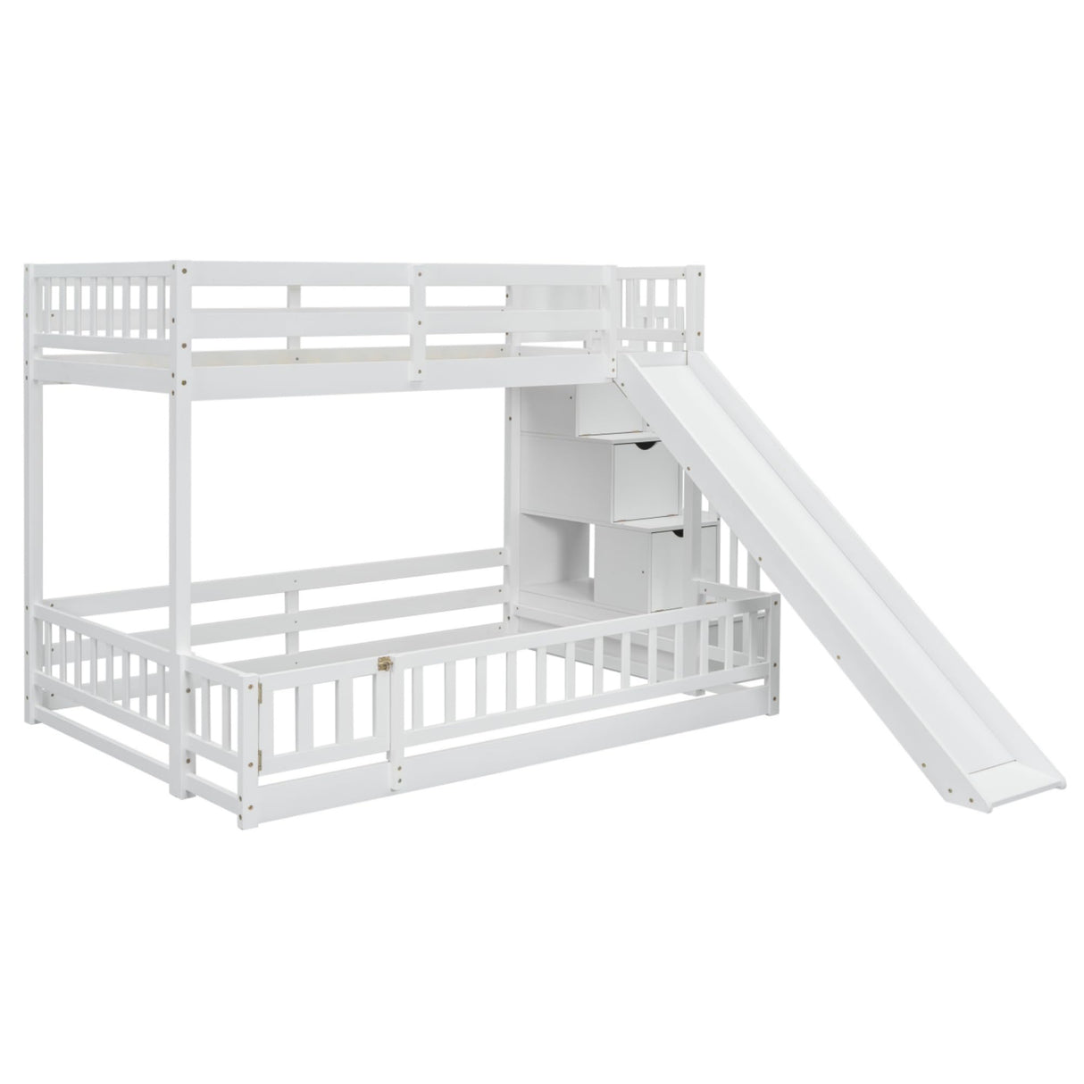 jurmiture Bunk Beds Twin Over Full Size, Pine Solid Wooden Bunk Bed with Slide, Storage Staircase, Safety Guardrails for Kids, White jurmiture
