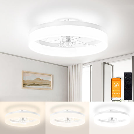 VOLISUN Low Profile Ceiling Fans with Lights and Remote,15.7in Modern Ceiling Fan Flush Mount, 3000K-6500K Dimmable Bladeless LED Fan Light,White Fandelier Ceiling Fans with Lights for Bedroom VOLISUN