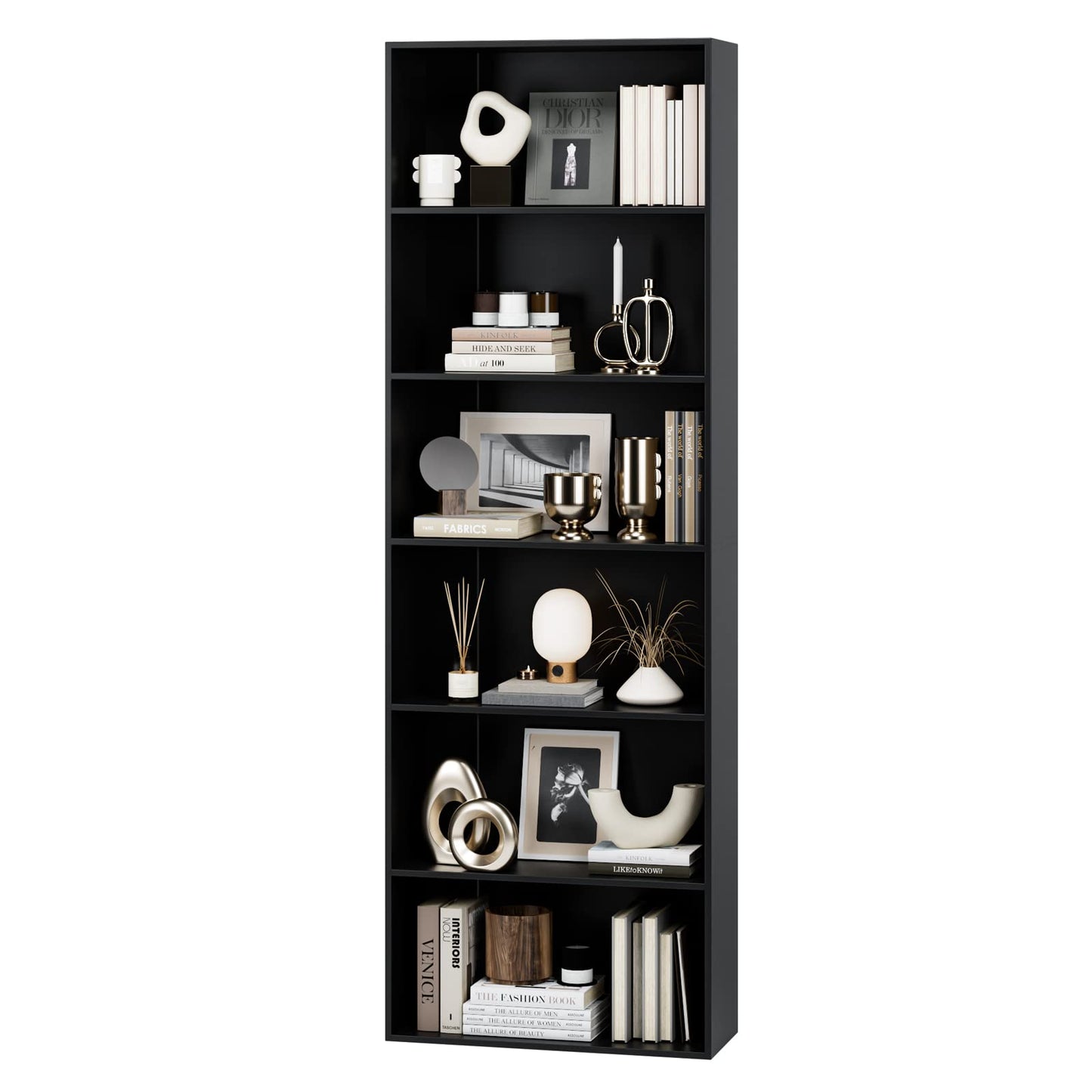 FOTOSOK 6-Tier Open Bookcase and Bookshelf, Freestanding Display Storage Shelves Tall Bookcase for Bedroom, Living Room and Office, Black