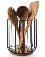getstar Kitchen Utensil Holder, Large Wire Utensil Holder for Kitchen Counter (W6.2” x H7.5”) with Acacia Base getstar